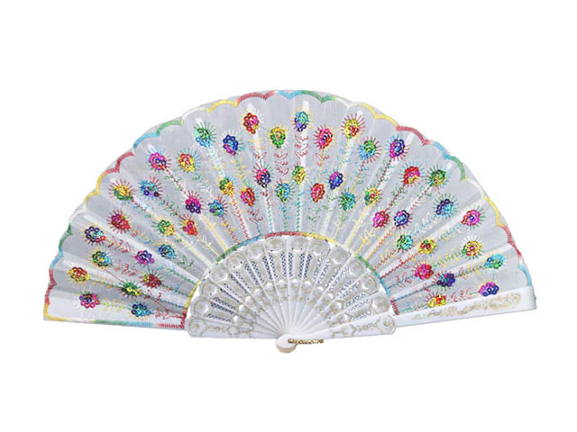 White Frame Sequins Fabric Fan - 9 in. - Image 3